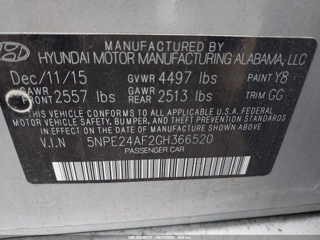 5NPE24AF2GH366520 2016 HYUNDAI SONATA photo no. 9