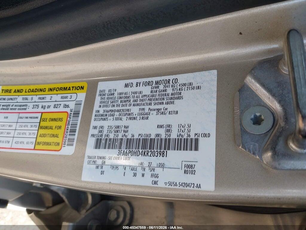 3FA6P0HD4KR203981 2019 FORD FUSION photo no. 9