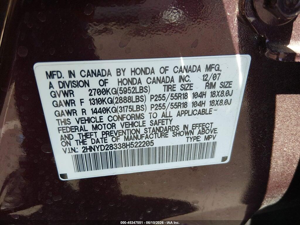 2HNYD28338H522205 2008 ACURA MDX photo no. 9