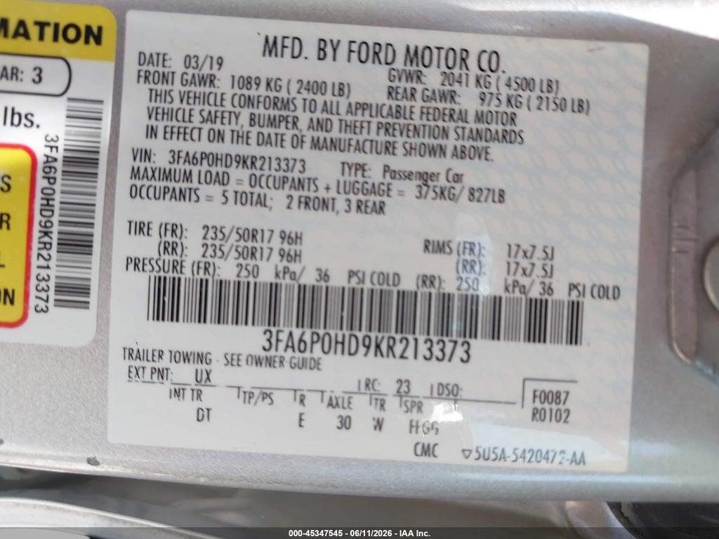 3FA6P0HD9KR213373 2019 FORD FUSION photo no. 9