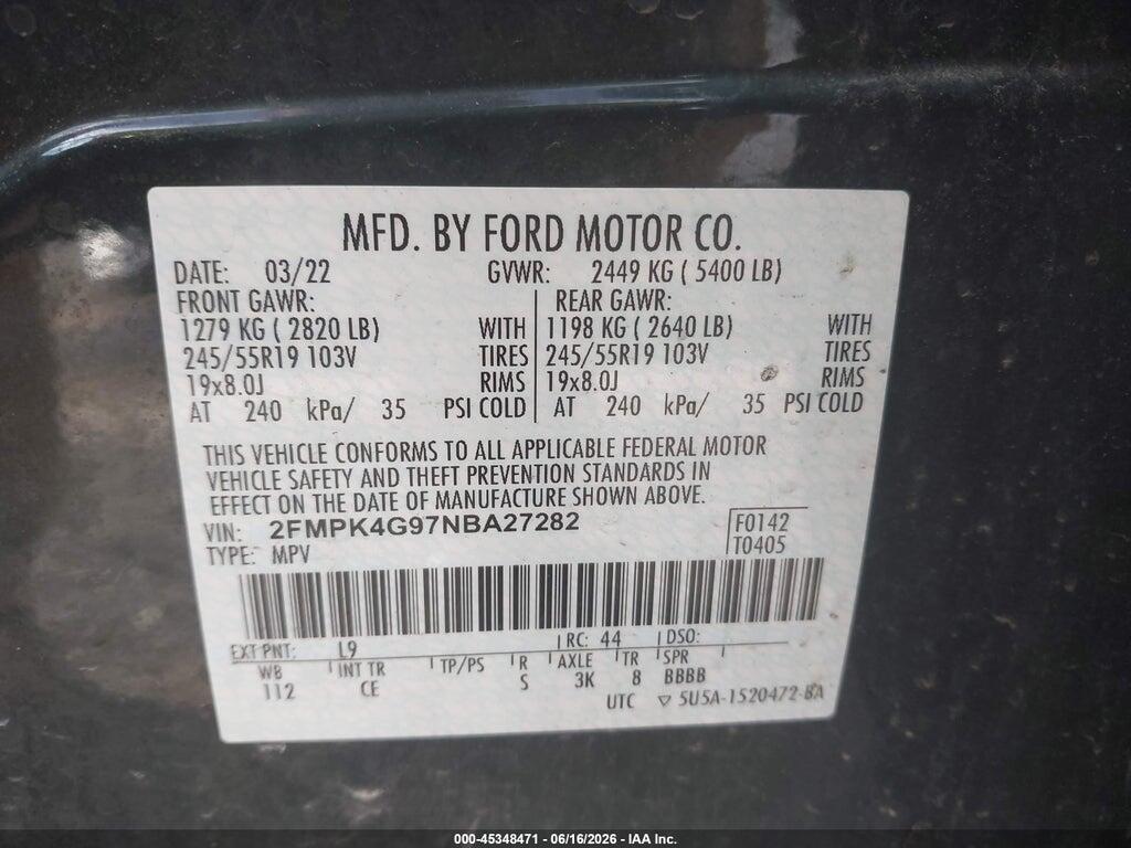 2FMPK4G97NBA27282 2022 FORD EDGE photo no. 9