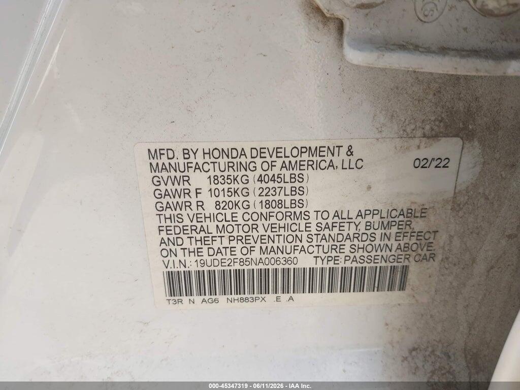 19UDE2F85NA006360 2022 ACURA ILX photo no. 9