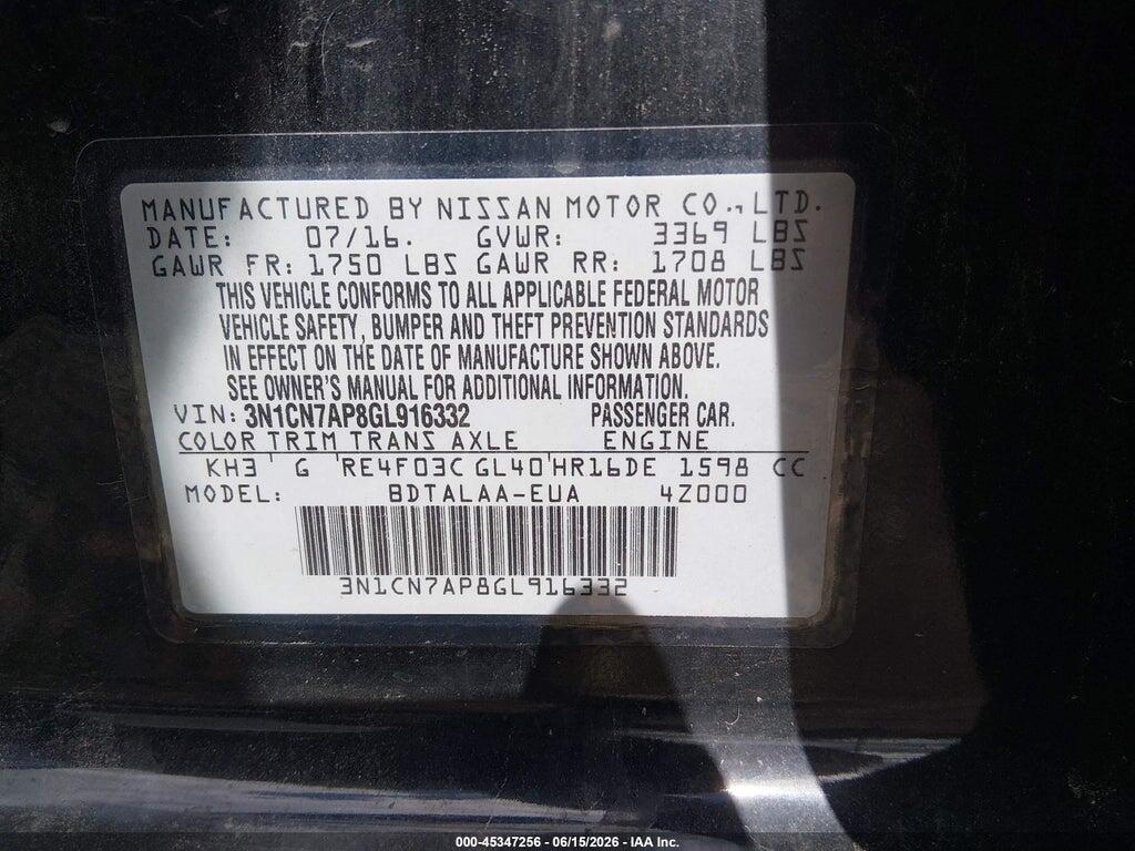 3N1CN7AP8GL916332 2016 NISSAN VERSA photo no. 9