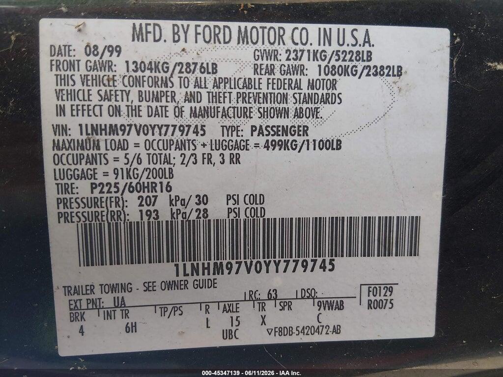 1LNHM97V0YY779745 2000 LINCOLN CONTINENTAL photo no. 9