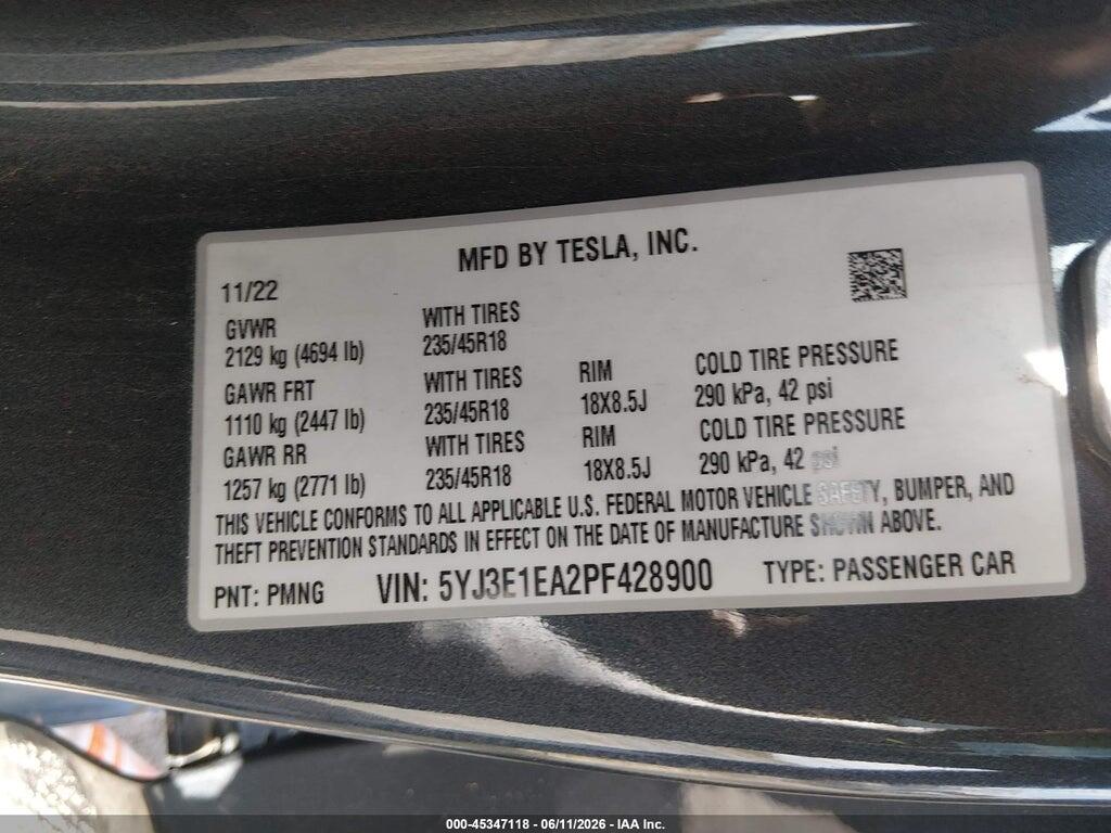5YJ3E1EA2PF428900 2023 TESLA MODEL 3 photo no. 9
