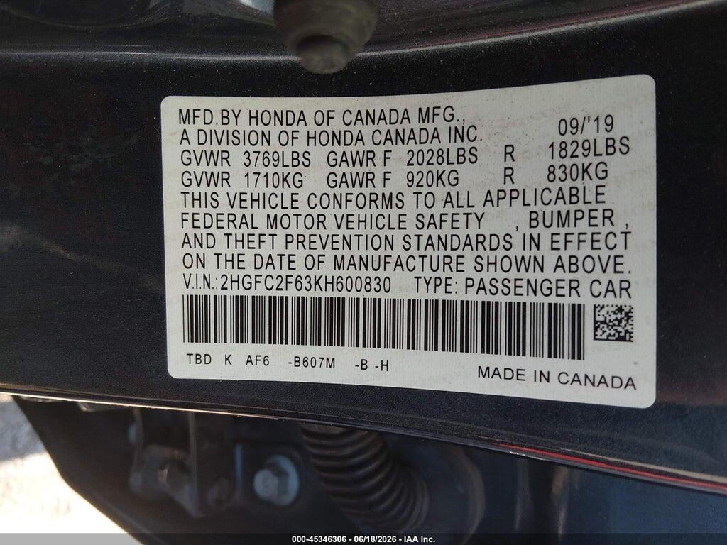 2HGFC2F63KH600830 2019 HONDA CIVIC photo no. 9