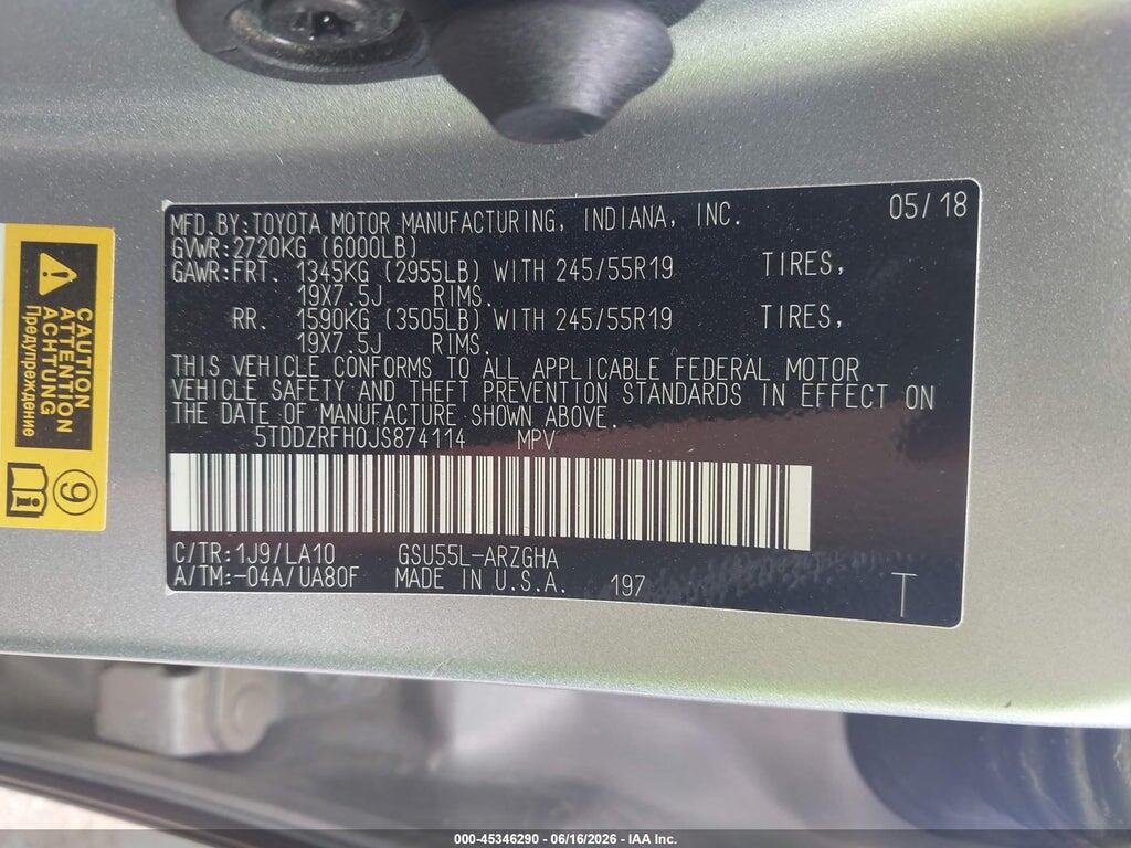 5TDDZRFH0JS874114 2018 TOYOTA HIGHLANDER photo no. 9