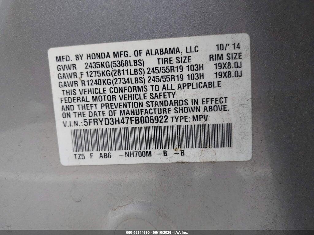 5FRYD3H47FB006922 2015 ACURA MDX photo no. 9