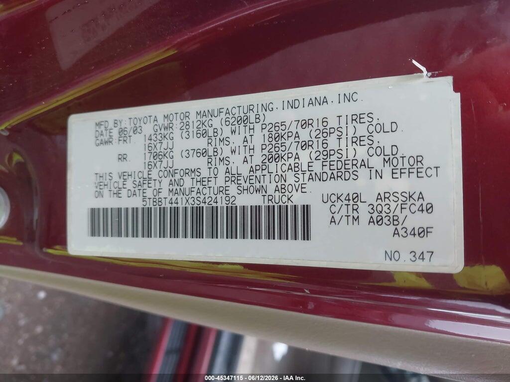 5TBBT441X3S424192 2003 TOYOTA TUNDRA photo no. 9