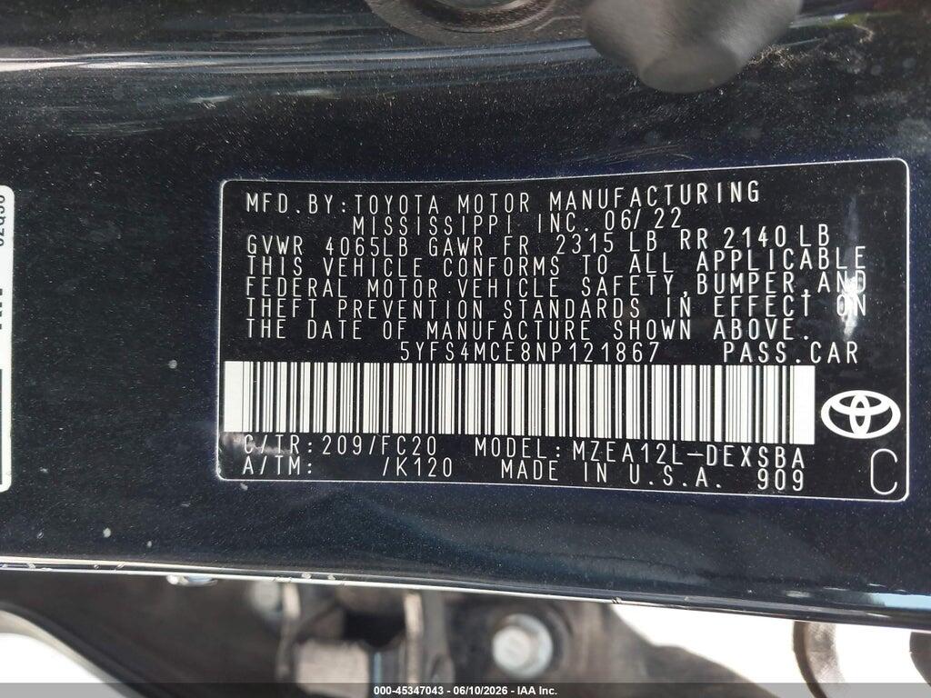 5YFS4MCE8NP121867 2022 TOYOTA COROLLA photo no. 9