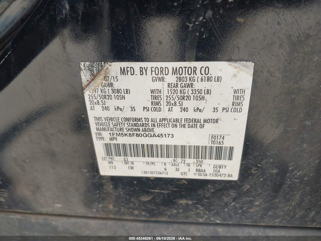 1FM5K8F80GGA45173 2016 FORD EXPLORER photo no. 9