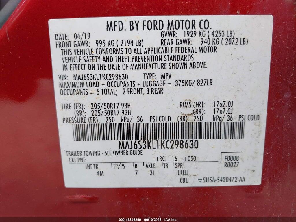 MAJ6S3KL1KC298630 2019 FORD ECOSPORT photo no. 9