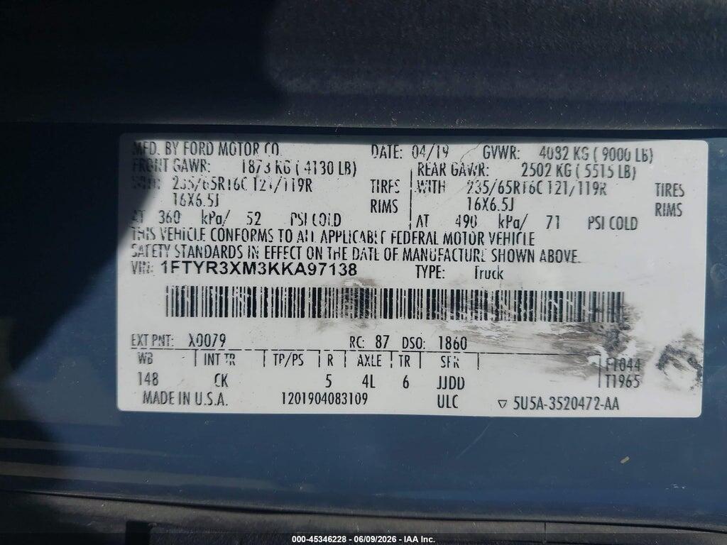 1FTYR3XM3KKA97138 2019 FORD TRANSIT-250 photo no. 9