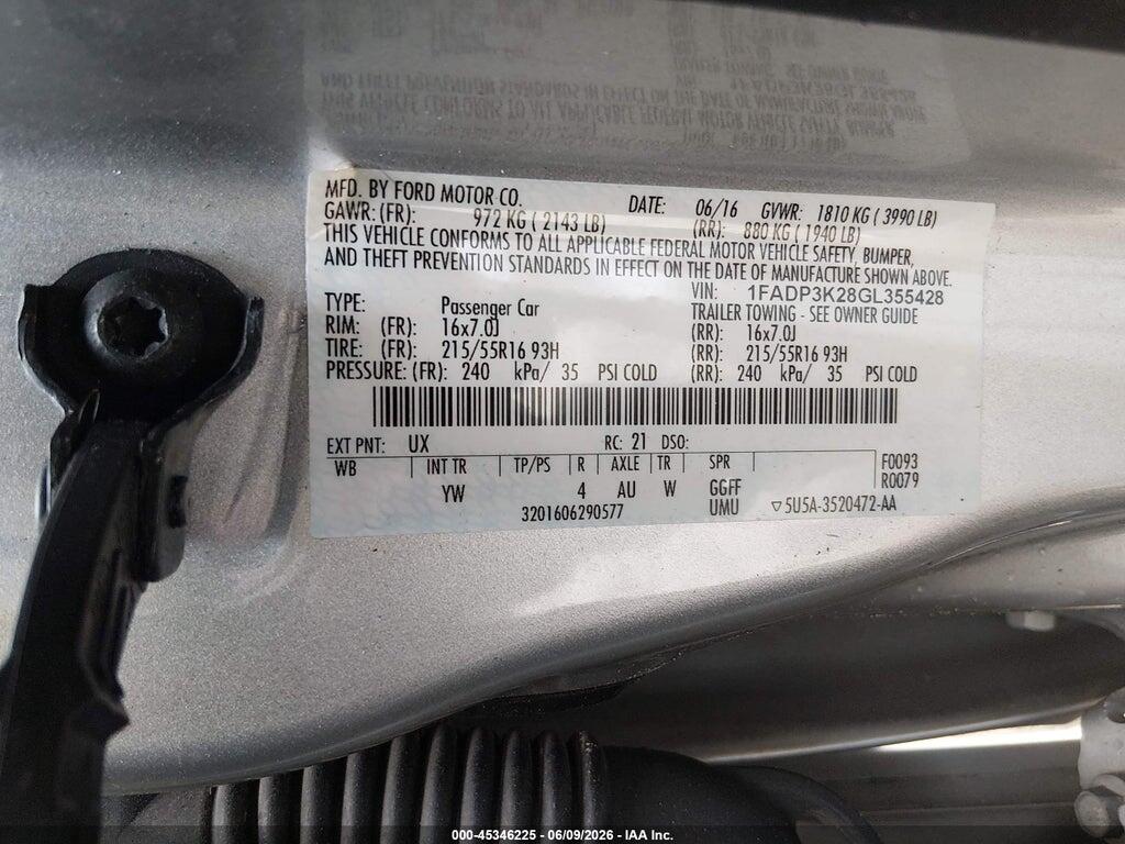 1FADP3K28GL355428 2016 FORD FOCUS photo no. 9