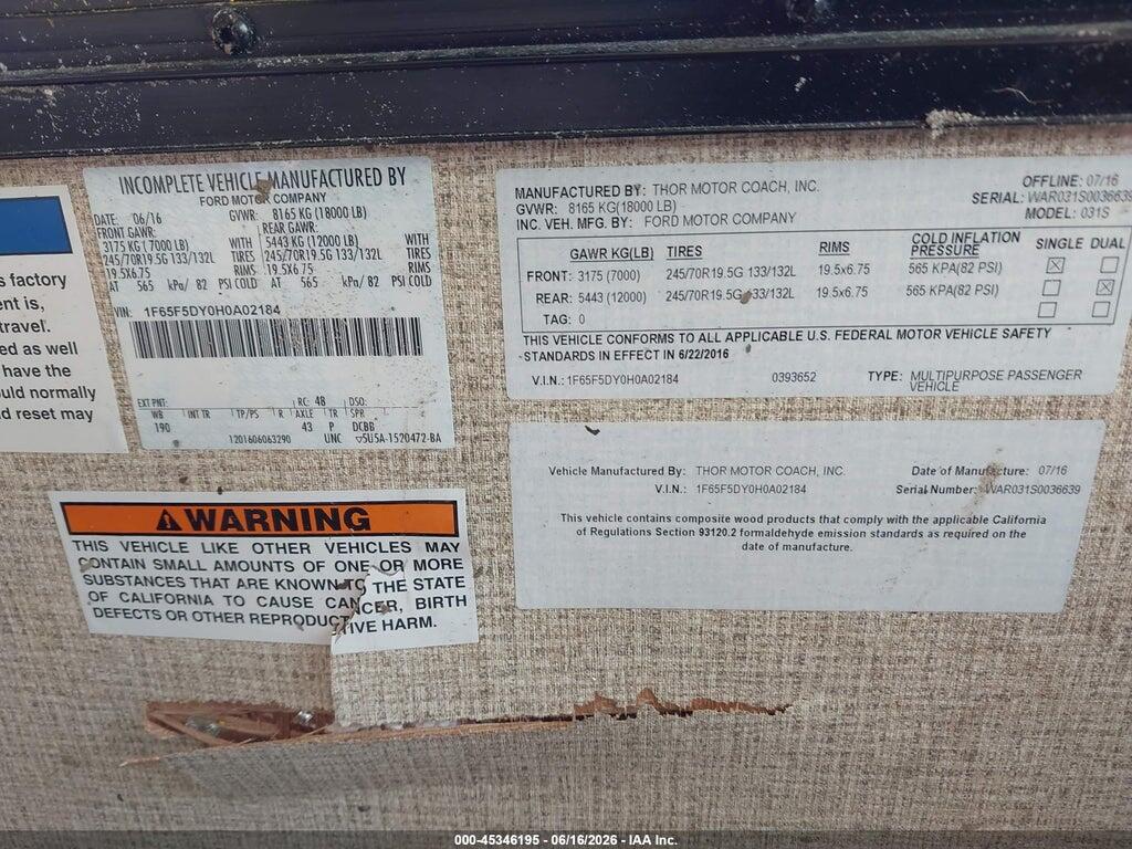 1F65F5DY0H0A02184 2017 FORD F53 THOR MOTOR HOME photo no. 9
