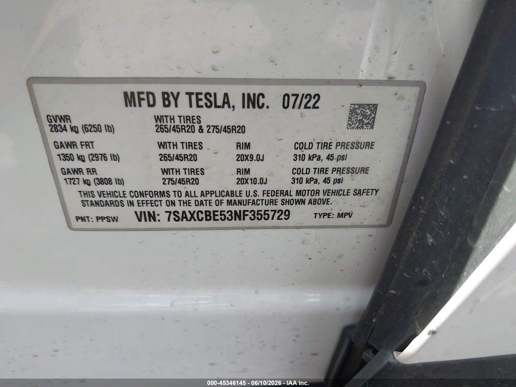 7SAXCBE53NF355729 2022 TESLA MODEL X photo no. 9