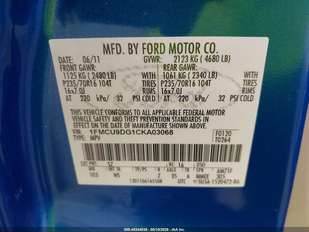 1FMCU9DG1CKA03068 2012 FORD ESCAPE photo no. 9