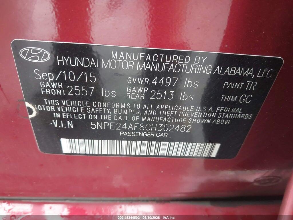 5NPE24AF8GH302482 2016 HYUNDAI SONATA photo no. 9