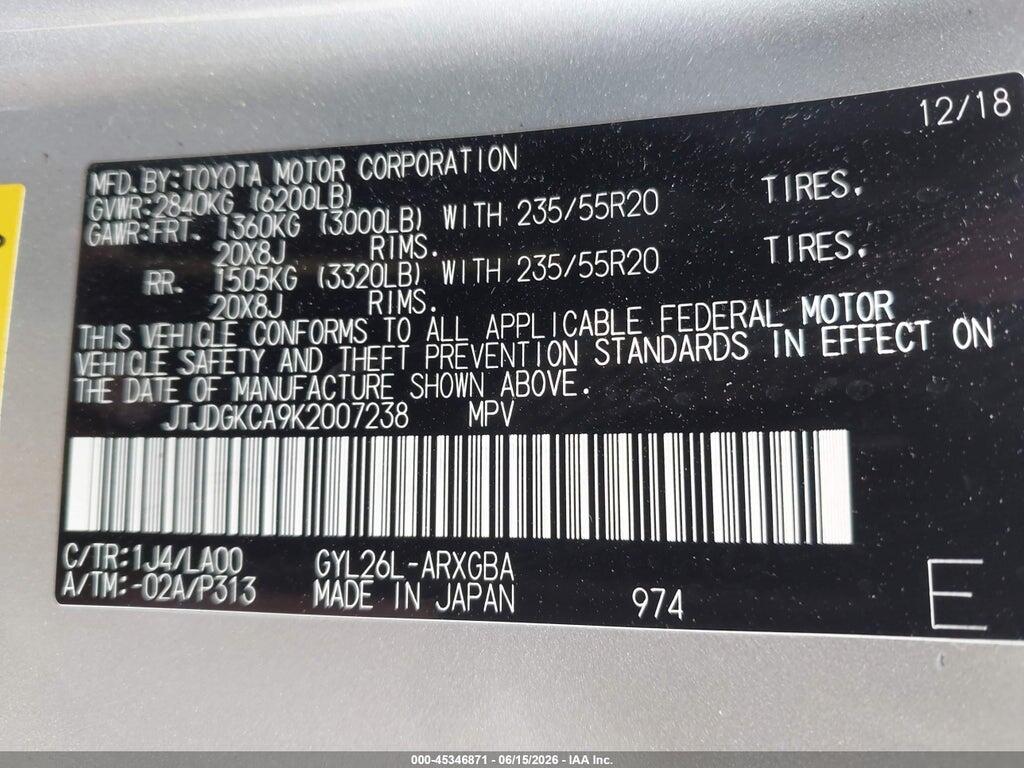JTJDGKCA9K2007238 2019 LEXUS RX 450HL photo no. 9