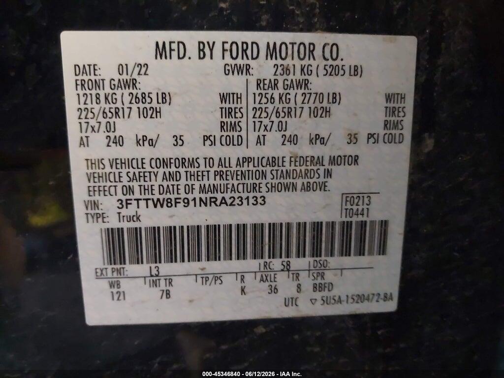 3FTTW8F91NRA23133 2022 FORD MAVERICK photo no. 9