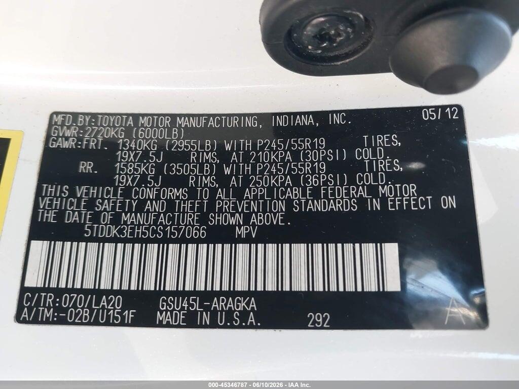 5TDDK3EH5CS157066 2012 TOYOTA HIGHLANDER photo no. 9