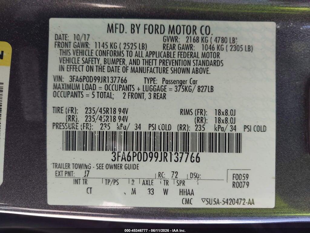 3FA6P0D99JR137766 2018 FORD FUSION photo no. 9