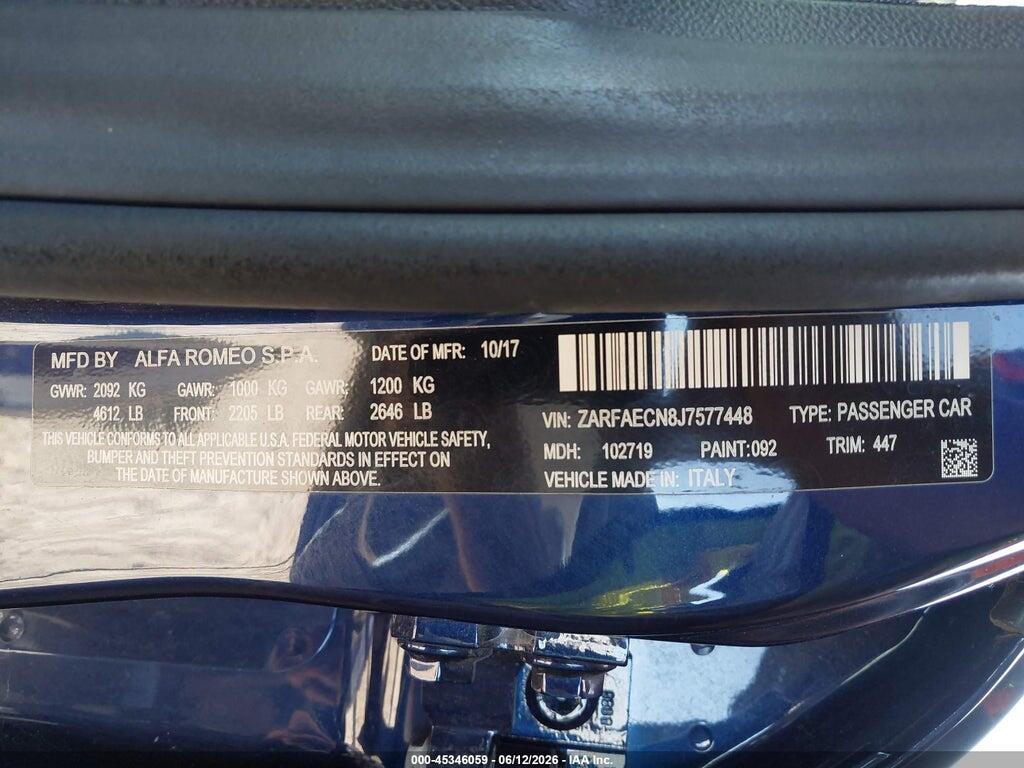 ZARFAECN8J7577448 2018 ALFA ROMEO GIULIA photo no. 9
