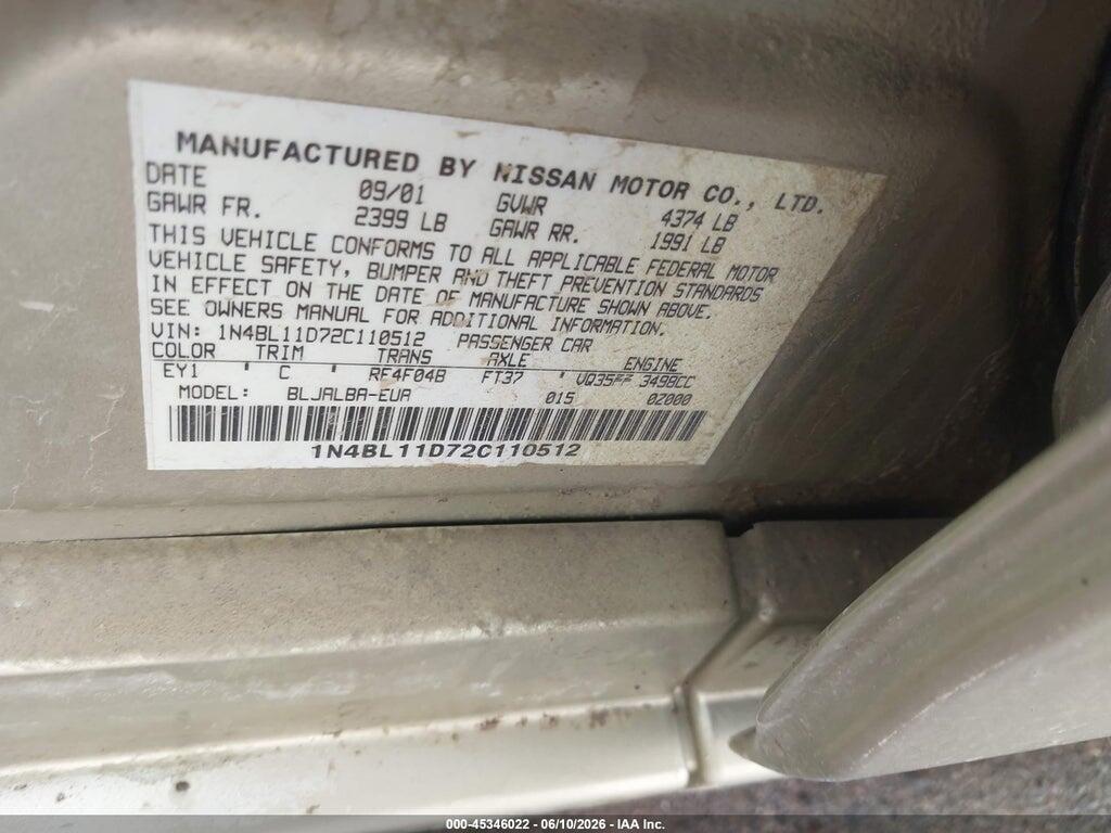 1N4BL11D72C110512 2002 NISSAN ALTIMA photo no. 9