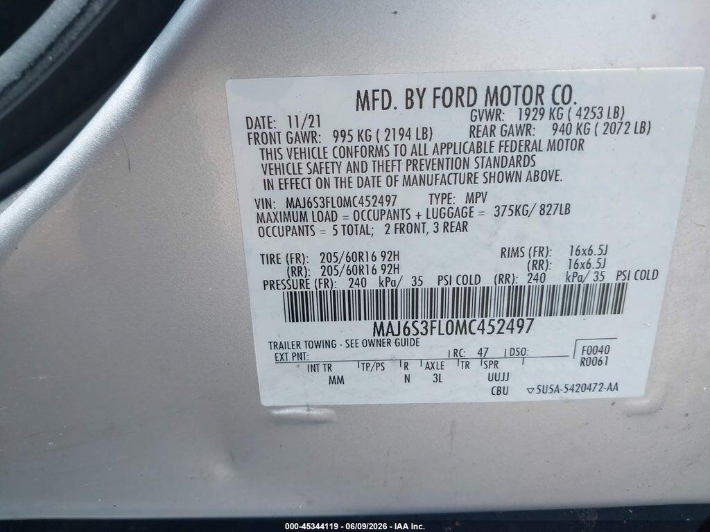 MAJ6S3FL0MC452497 2021 FORD ECOSPORT photo no. 9