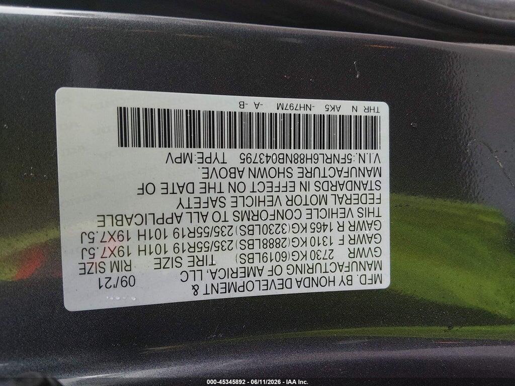 5FNRL6H88NB043795 2022 HONDA ODYSSEY photo no. 9