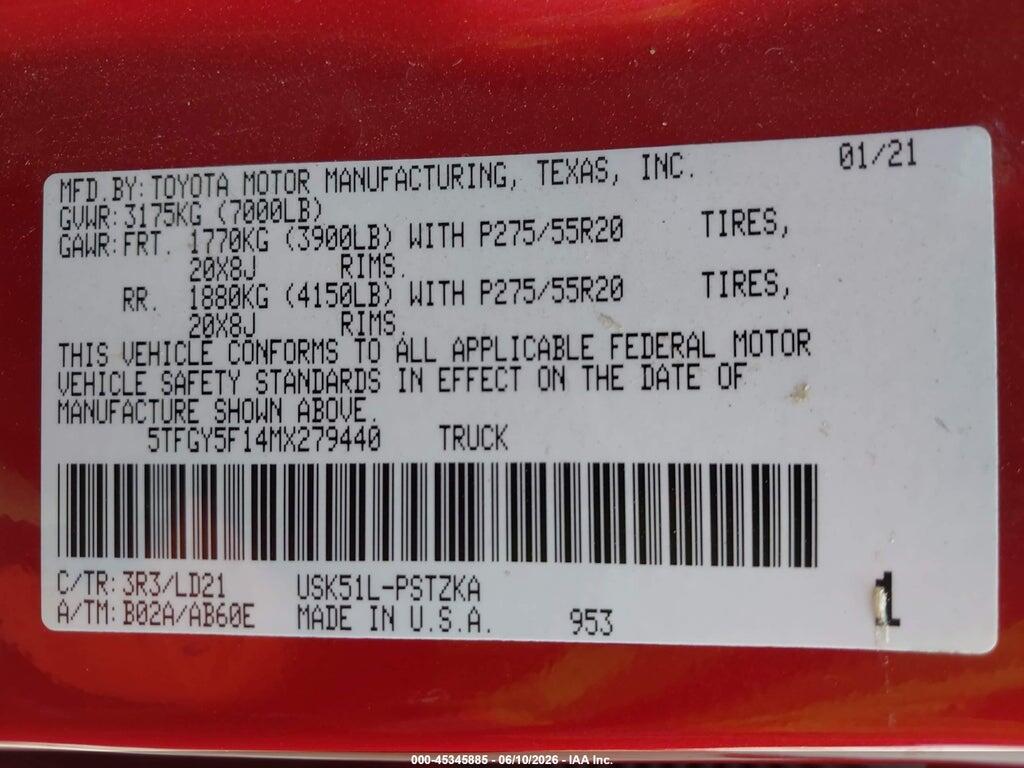 5TFGY5F14MX279440 2021 TOYOTA TUNDRA photo no. 9
