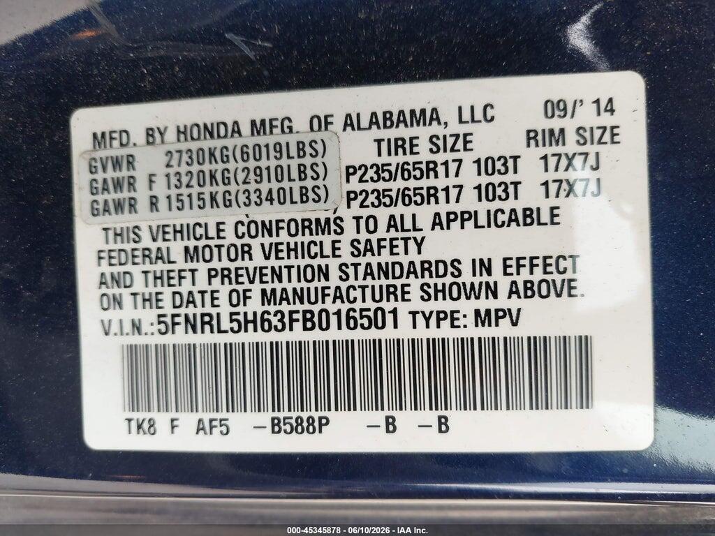 5FNRL5H63FB016501 2015 HONDA ODYSSEY photo no. 9