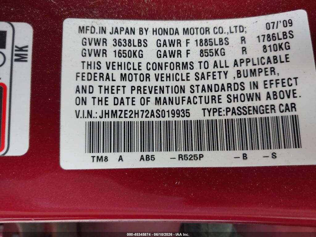 JHMZE2H72AS019935 2010 HONDA INSIGHT photo no. 9