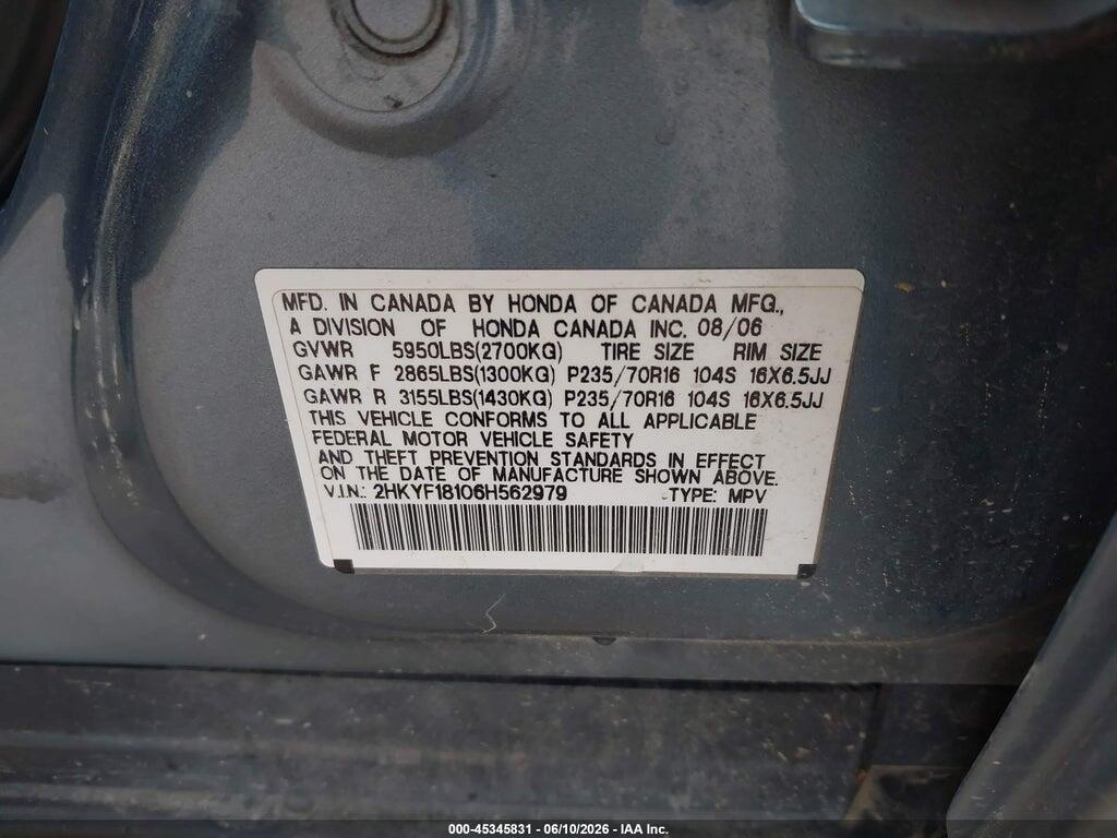 2HKYF18106H562979 2006 HONDA PILOT photo no. 9