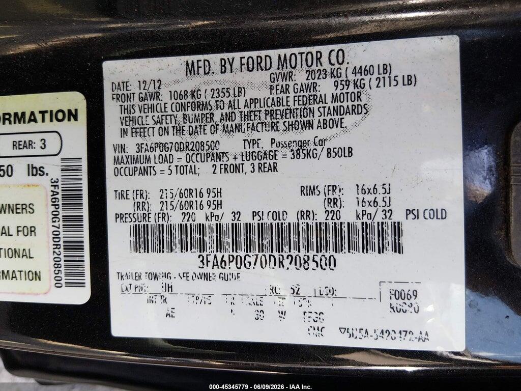 3FA6P0G70DR208500 2013 FORD FUSION photo no. 9