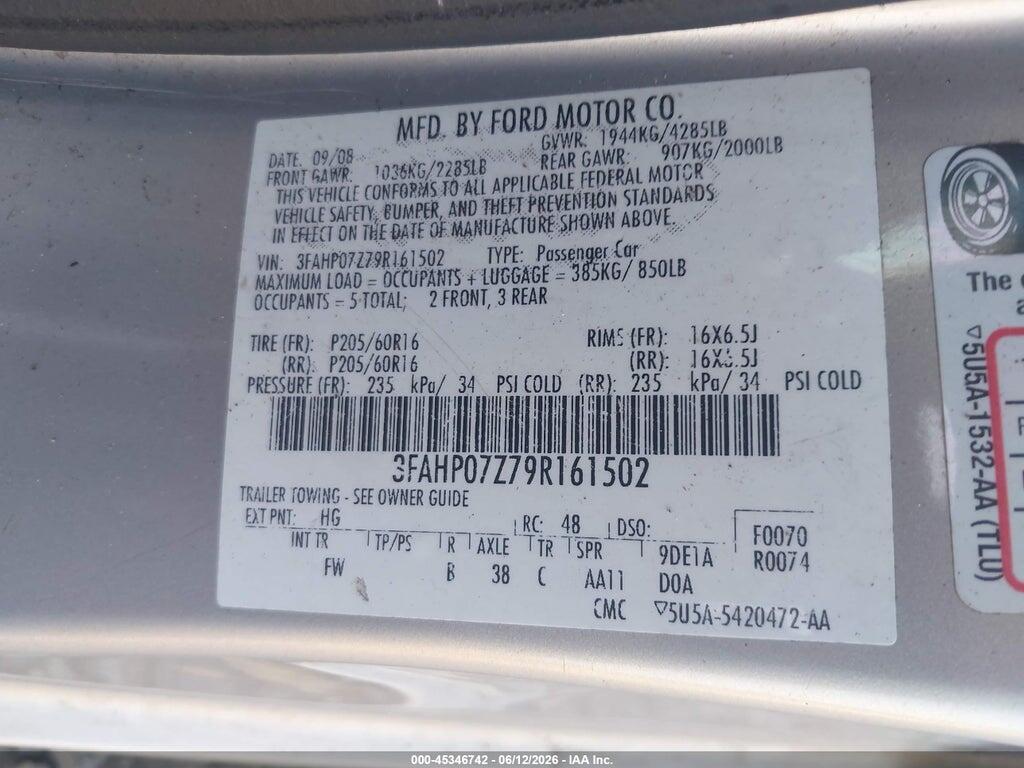 3FAHP07Z79R161502 2009 FORD FUSION photo no. 9