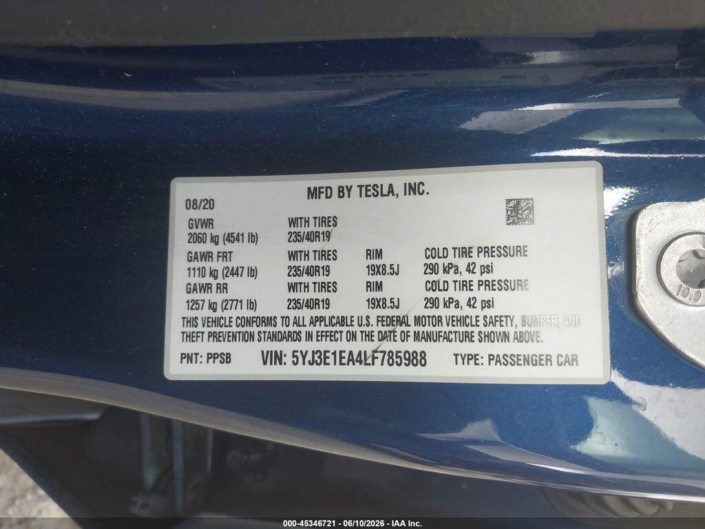 5YJ3E1EA4LF785988 2020 TESLA MODEL 3 photo no. 9