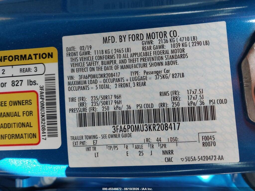 3FA6P0MU3KR208417 2019 FORD FUSION HYBRID photo no. 9
