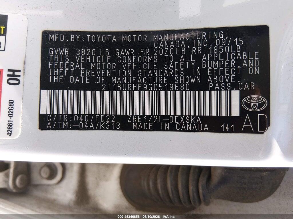 2T1BURHE9GC519680 2016 TOYOTA COROLLA photo no. 9
