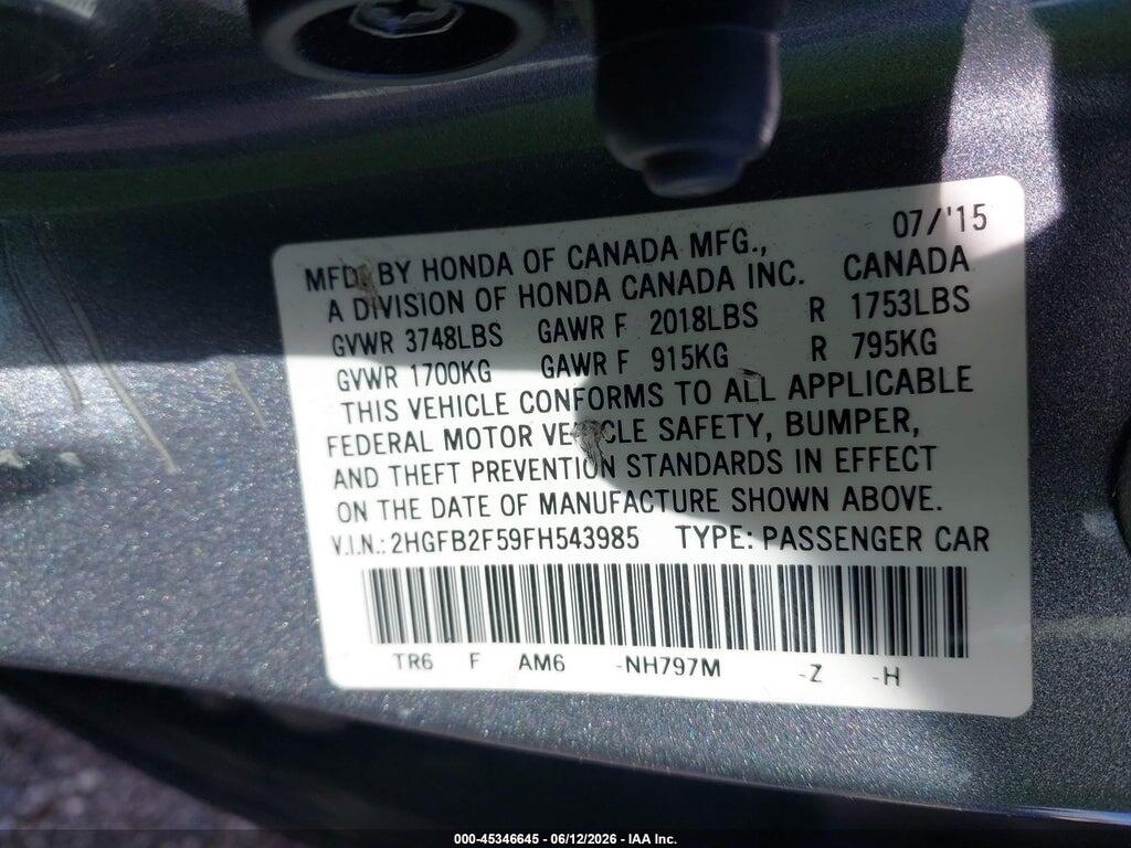 2HGFB2F59FH543985 2015 HONDA CIVIC photo no. 9