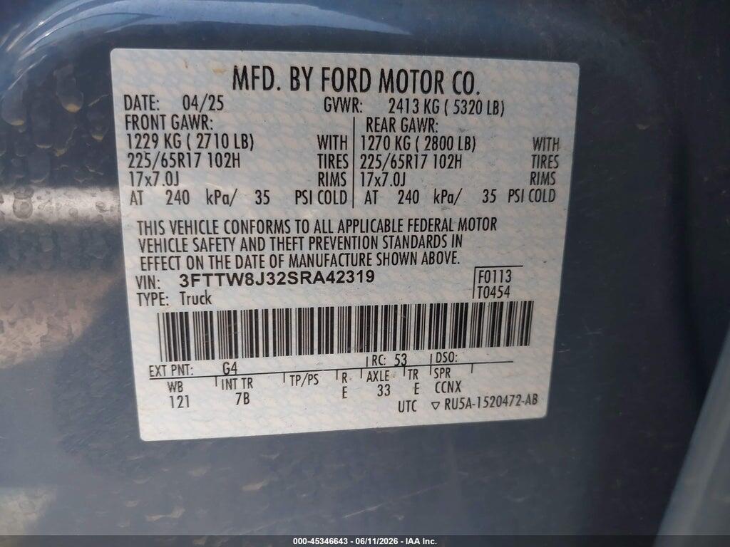 3FTTW8J32SRA42319 2025 FORD MAVERICK photo no. 9
