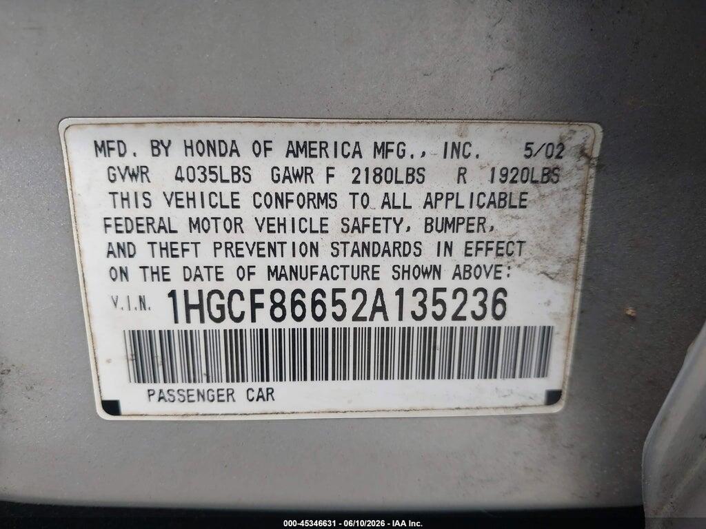 1HGCF86652A135236 2002 HONDA ACCORD photo no. 9