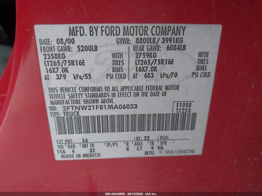 3FTNW21F81MA06033 2001 FORD F-250 photo no. 9
