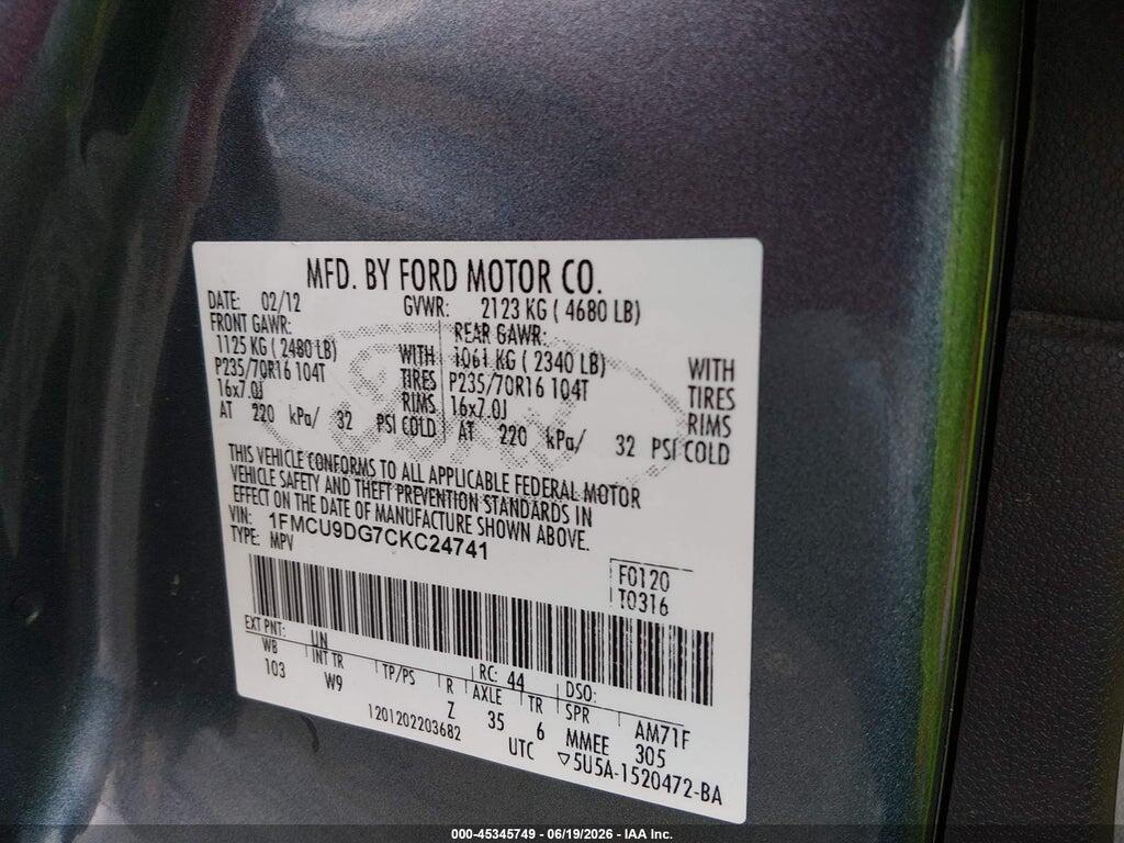 1FMCU9DG7CKC24741 2012 FORD ESCAPE photo no. 9