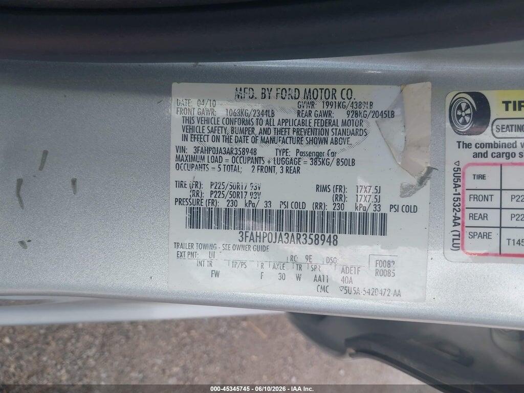 3FAHP0JA3AR358948 2010 FORD FUSION photo no. 9