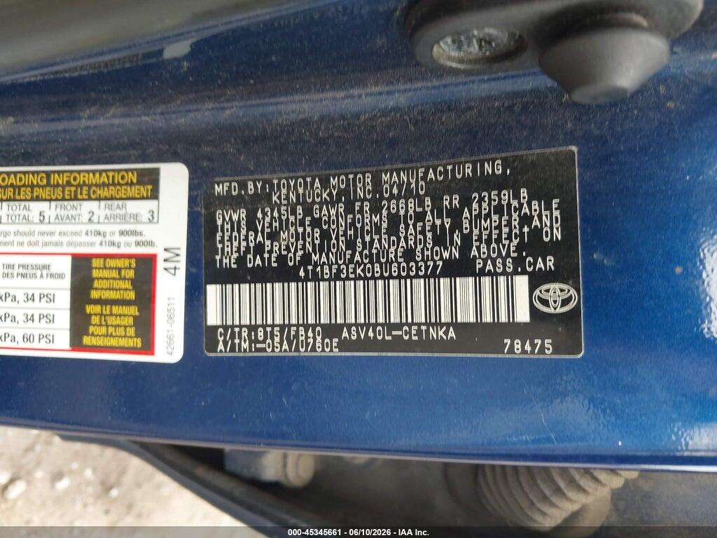 4T1BF3EK0BU603377 2011 TOYOTA CAMRY photo no. 9