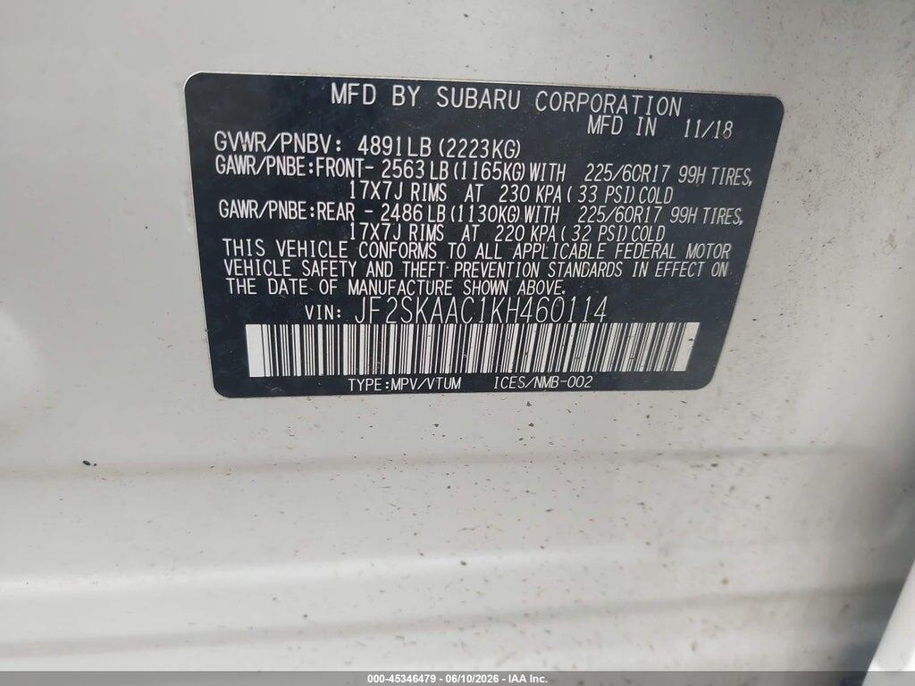JF2SKAAC1KH460114 2019 SUBARU FORESTER photo no. 9