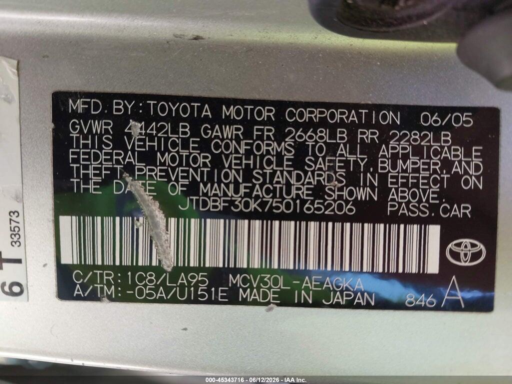 JTDBF30K750165206 2005 TOYOTA CAMRY photo no. 9