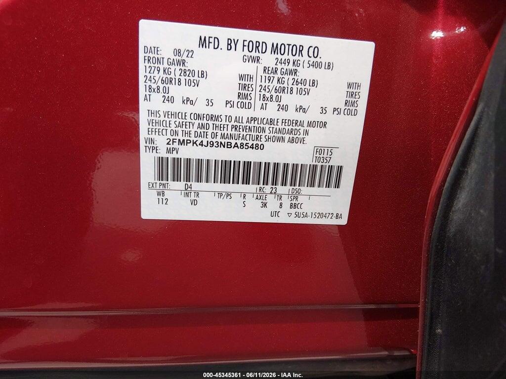 2FMPK4J93NBA85480 2022 FORD EDGE photo no. 9