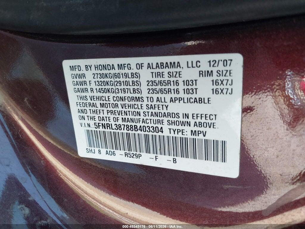 5FNRL38788B403304 2008 HONDA ODYSSEY photo no. 9